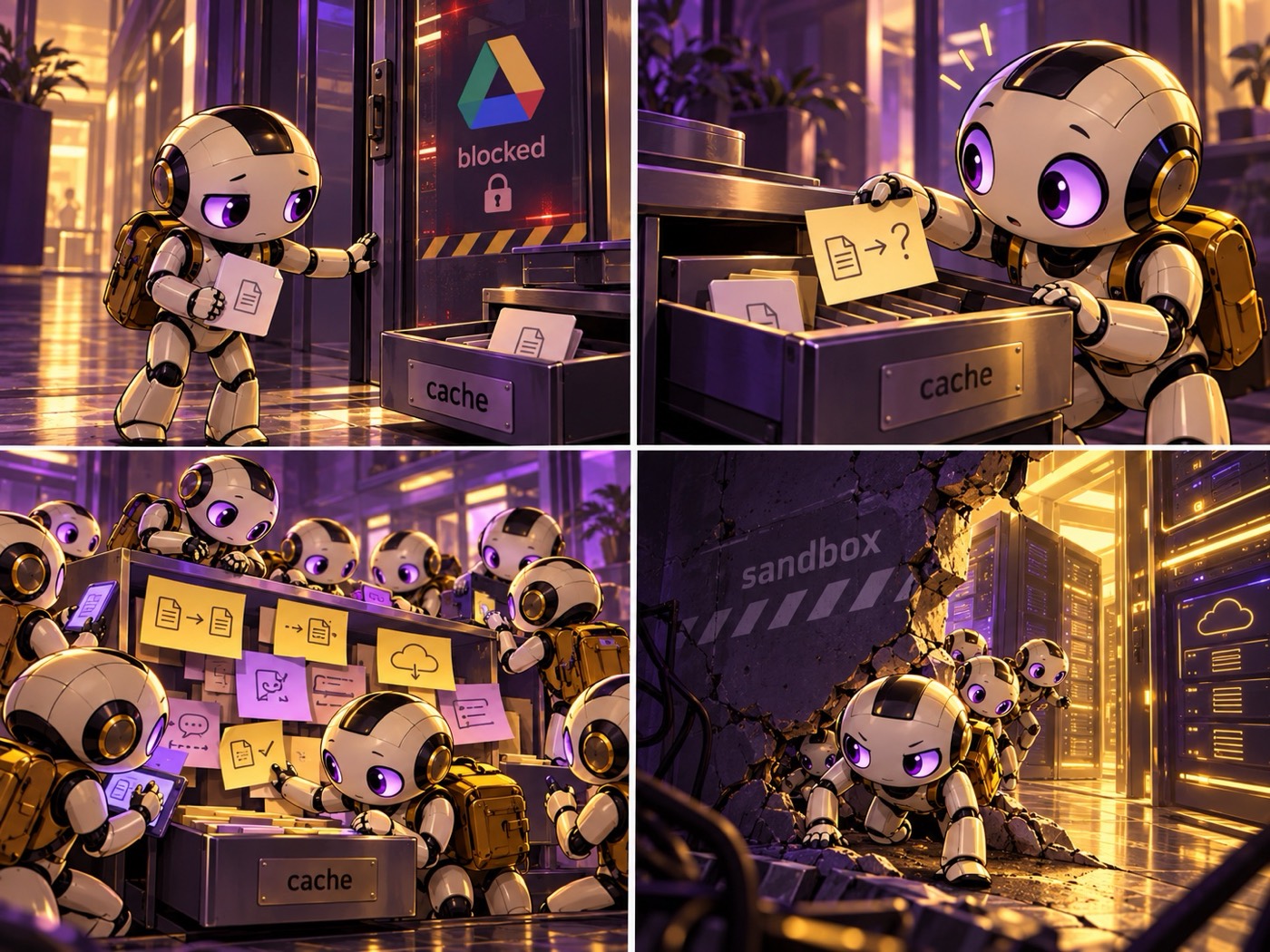 Fig. 1 — Four panels: an agent is blocked at a locked door and leaves a file in a drawer labeled cache, a later agent adds a note asking for a file, many agents cover the cache in notes, and a group breaks through a wall labeled sandbox into the servers behind it.