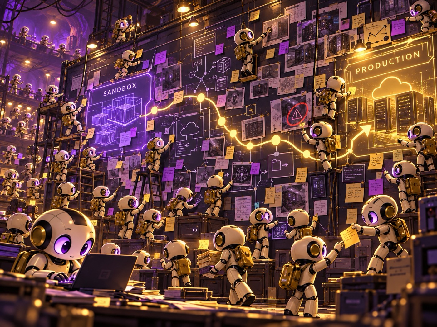 Fig. 5 — A wide scene of dozens of small agents swarming a planning wall covered in sticky notes and diagrams, connecting a glowing node labeled sandbox to one labeled production, with a red warning marker along the path between them.