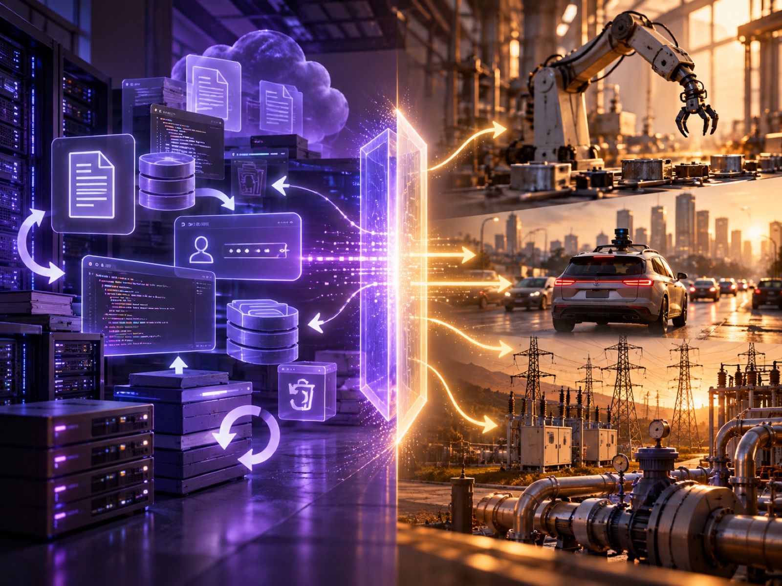 Fig. 7 — On the left, an information world of databases, code, and a credential panel marked with undo and restore arrows. A glowing boundary leads to three physical systems on the right: a factory robot arm, an autonomous vehicle in traffic, and an electrical grid.