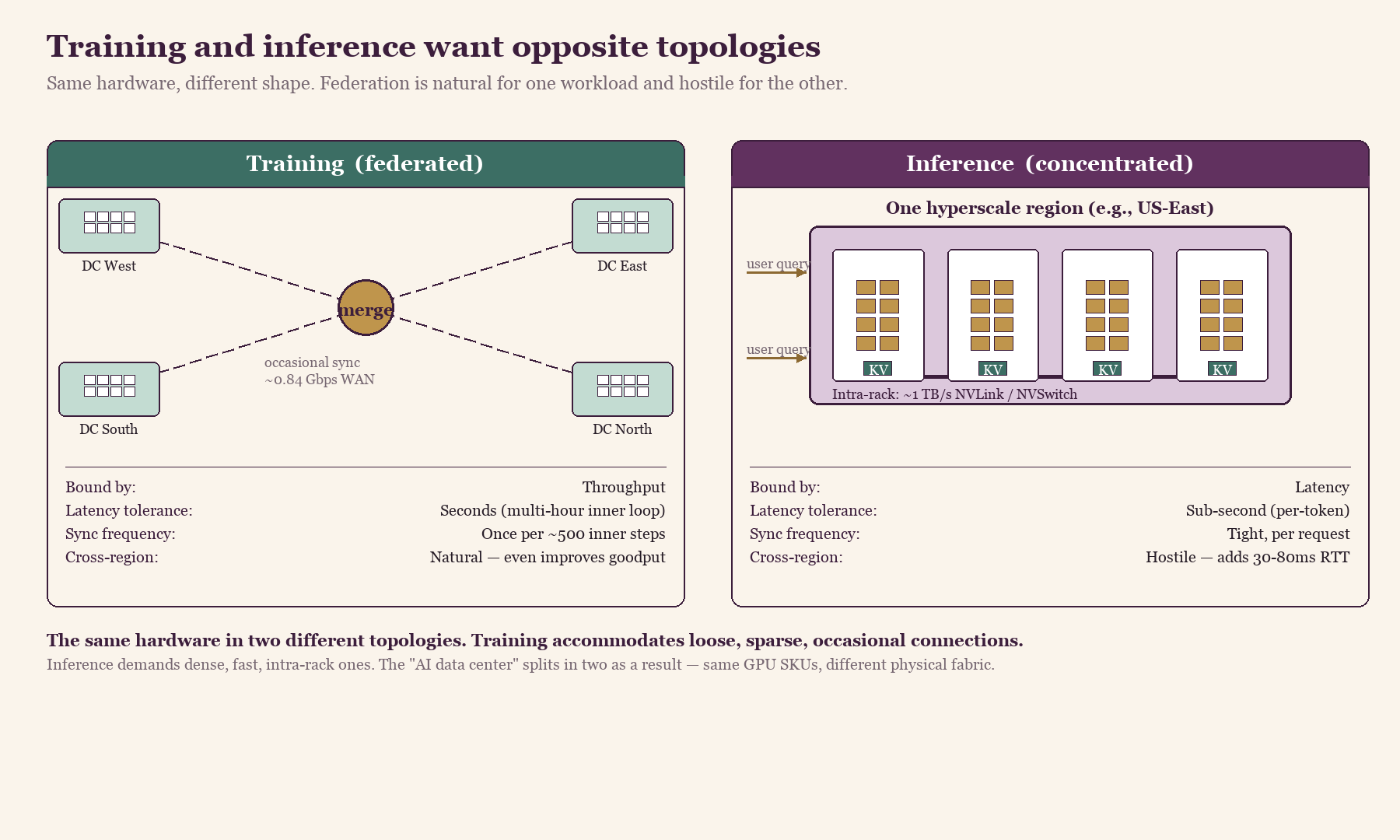 Fig. 6 — Training and inference want opposite topologies