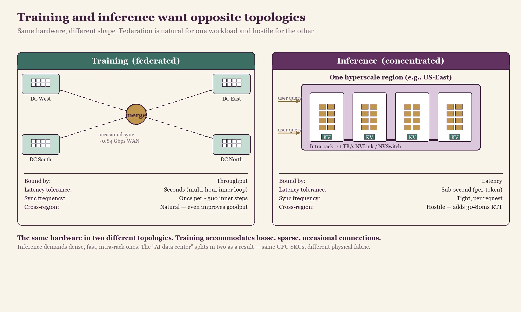 Fig. 8 — Training and inference want opposite topologies
