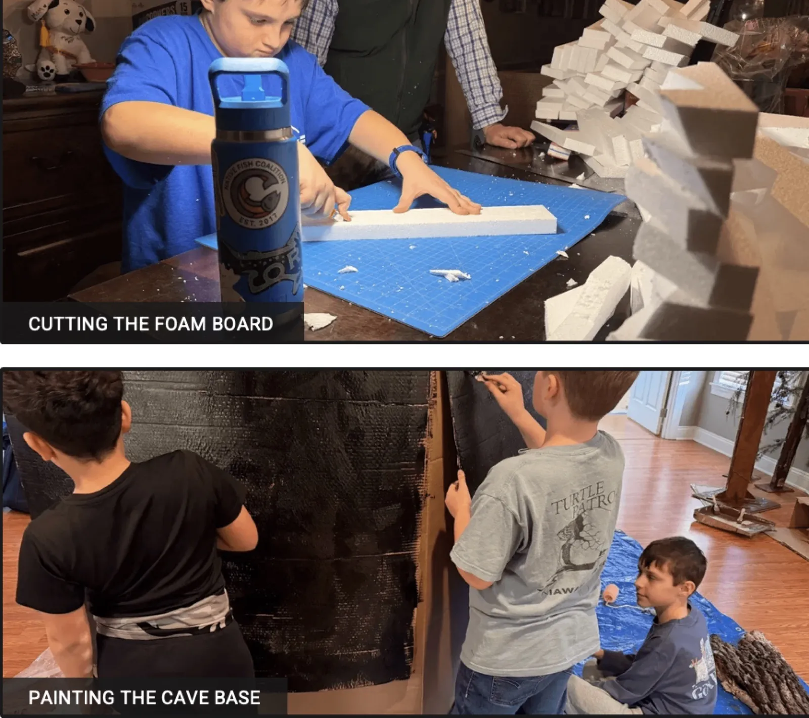Fig. 4 — Cutting foam board and painting the cave base