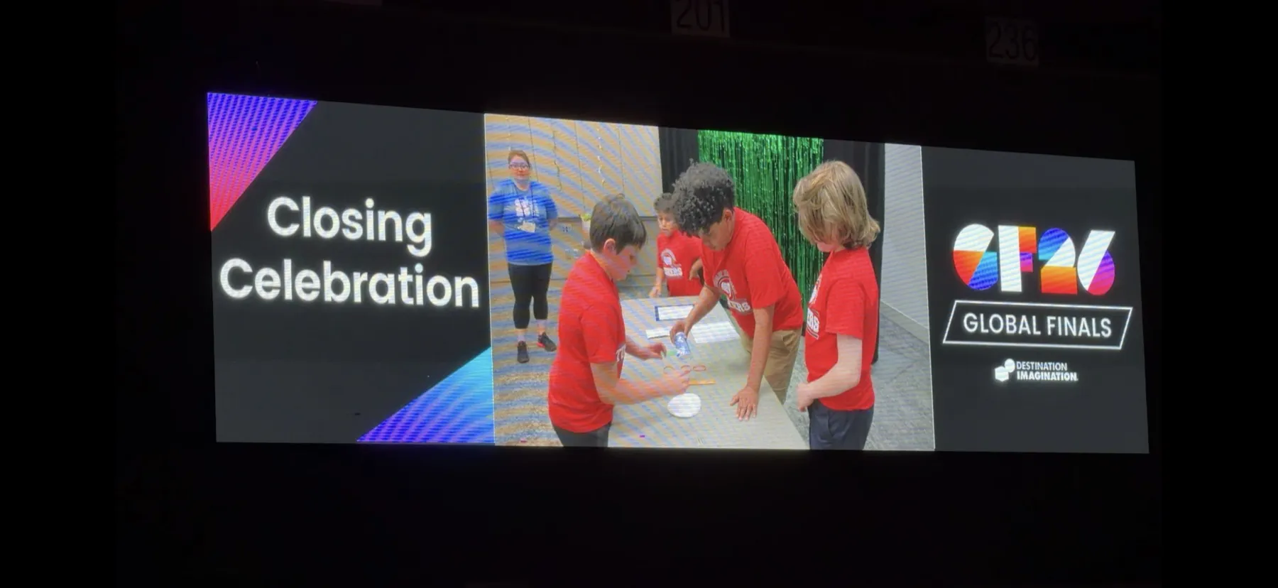 Fig. 13c — The Brilliant Bros' Instant Challenge moment on the closing-ceremony big screen