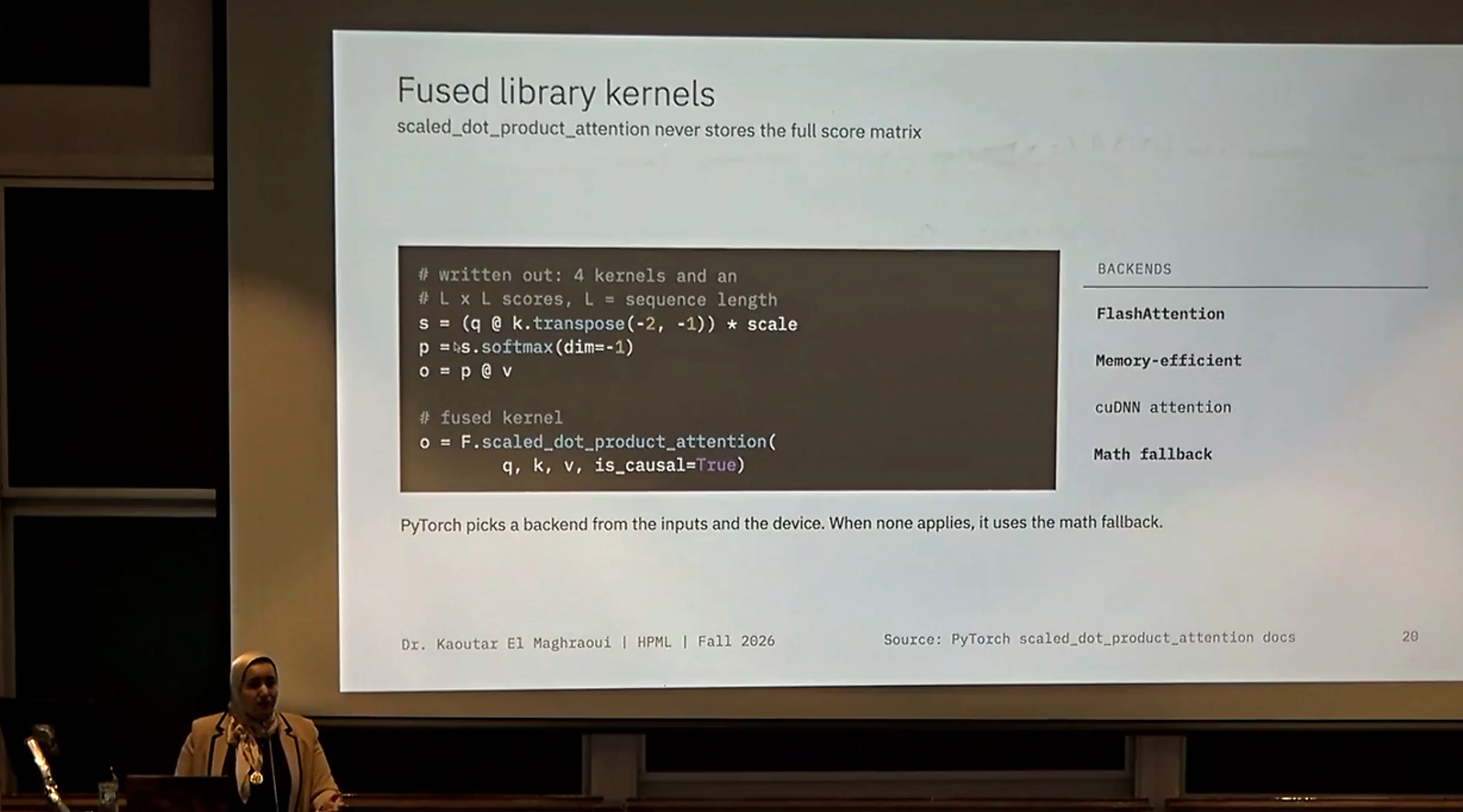 Dr. Kaoutar El Maghraoui teaching the Fall 2026 HPML lecture on fused attention kernels and scaled dot-product attention backends at Columbia University.