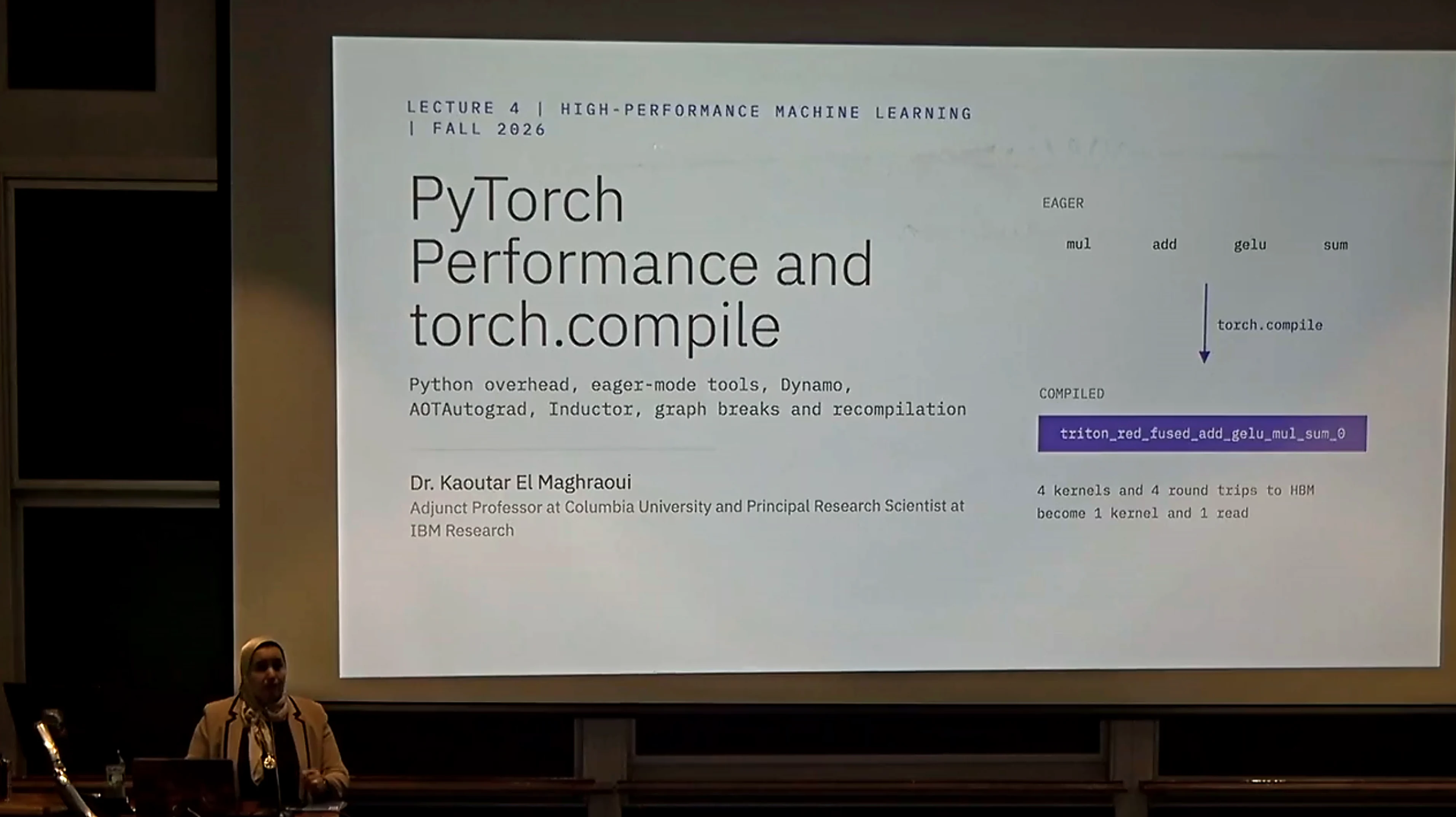 Dr. Kaoutar El Maghraoui teaching the Fall 2026 HPML lecture on PyTorch performance and torch.compile at Columbia University.